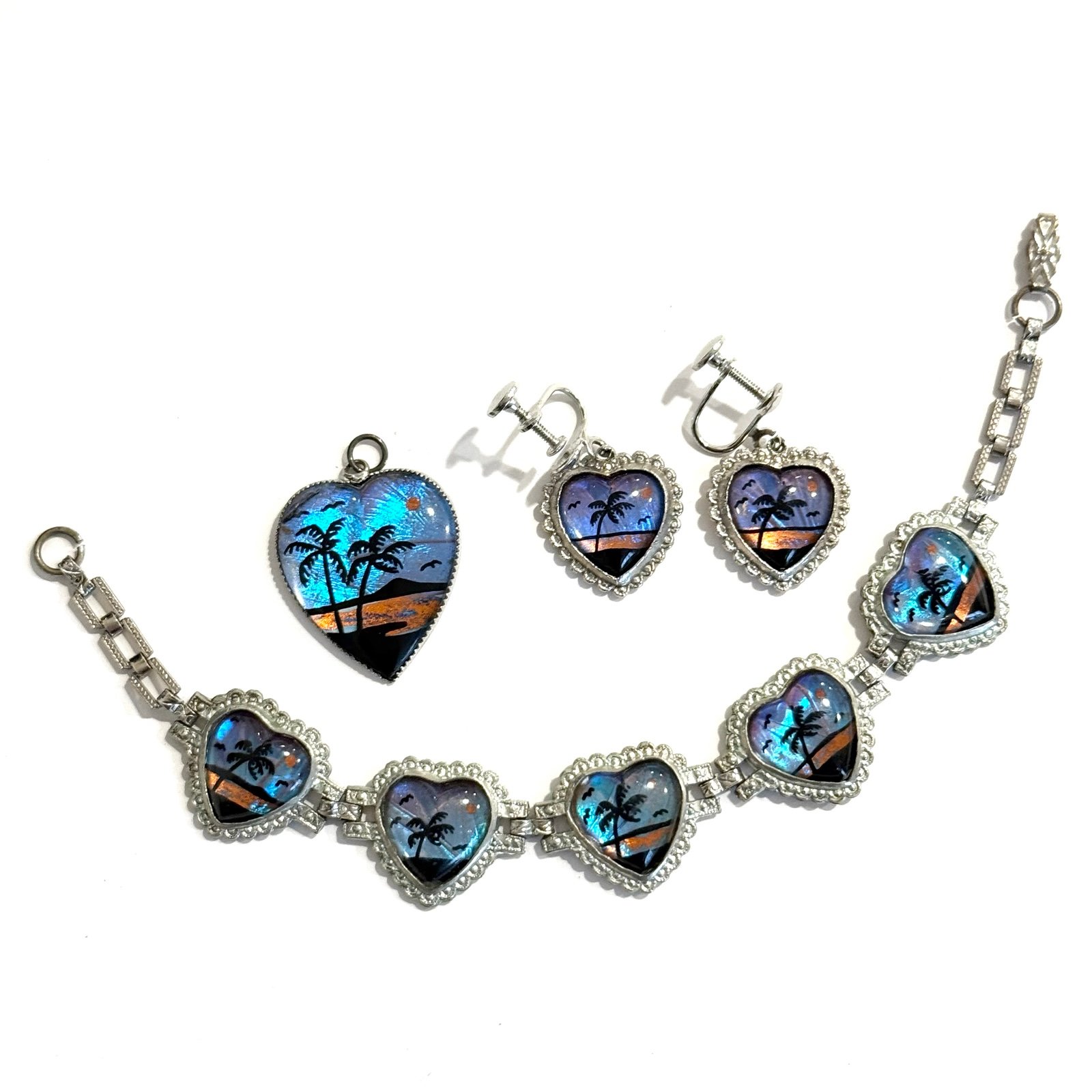 Vintage Butterfly Wing Palm Tree Bracelet Earrings Pendant Set Heart Links Puffy