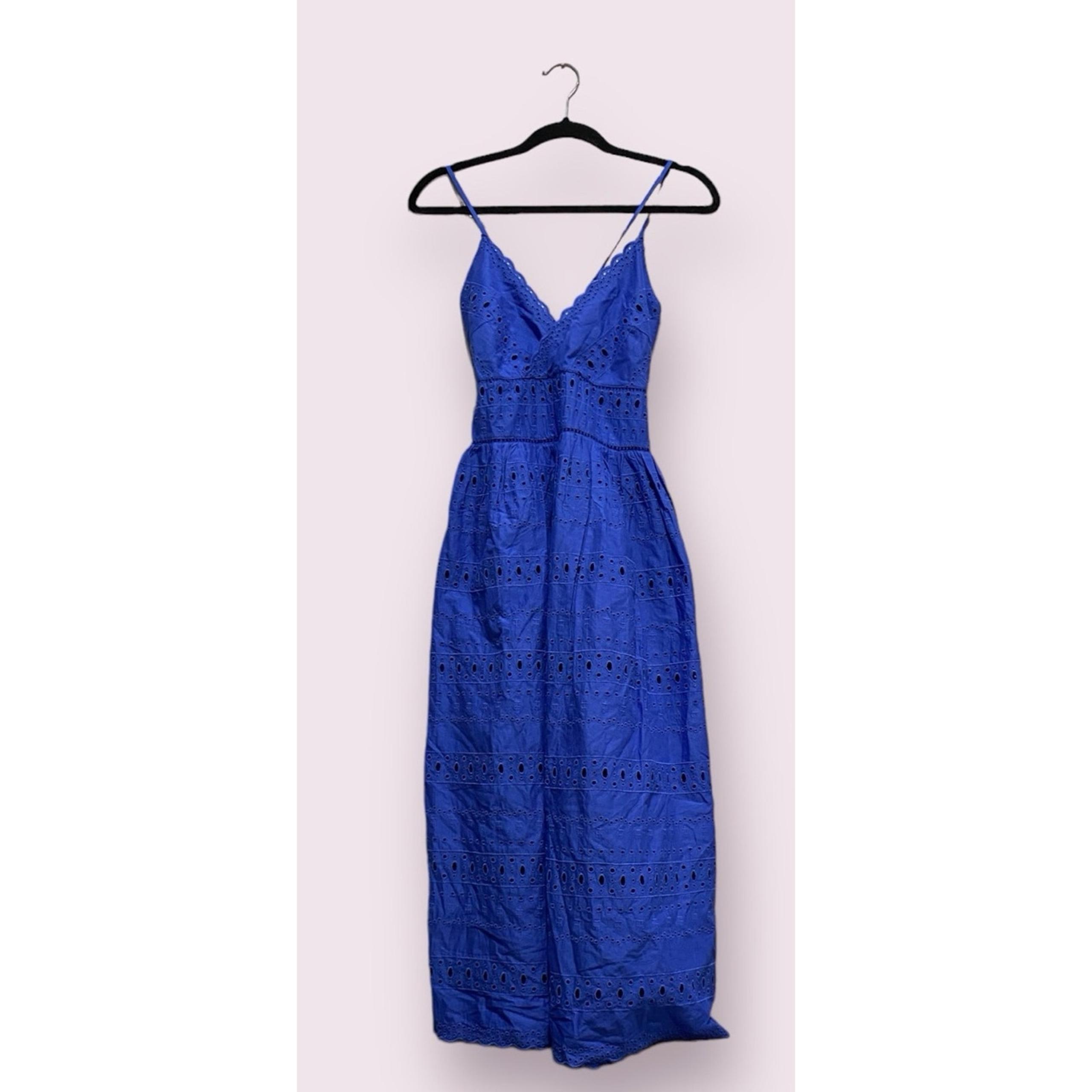 Tommy Hilfiger Blue Broderie Eyelet Dress V Neck Midi 100% Cotton Size- 00