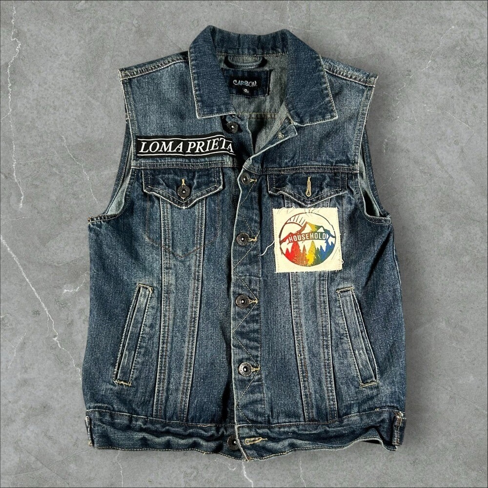 Vintage Battle Vest Mens Small Blue Denim Title Fight Kingston Cat Loma Prieta