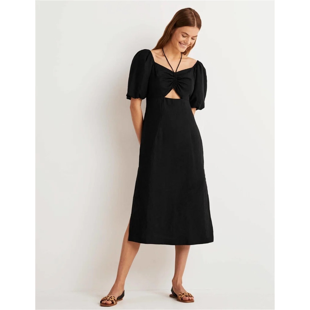 Boden Halterneck Cutout Column Dress Linen Black NEW
