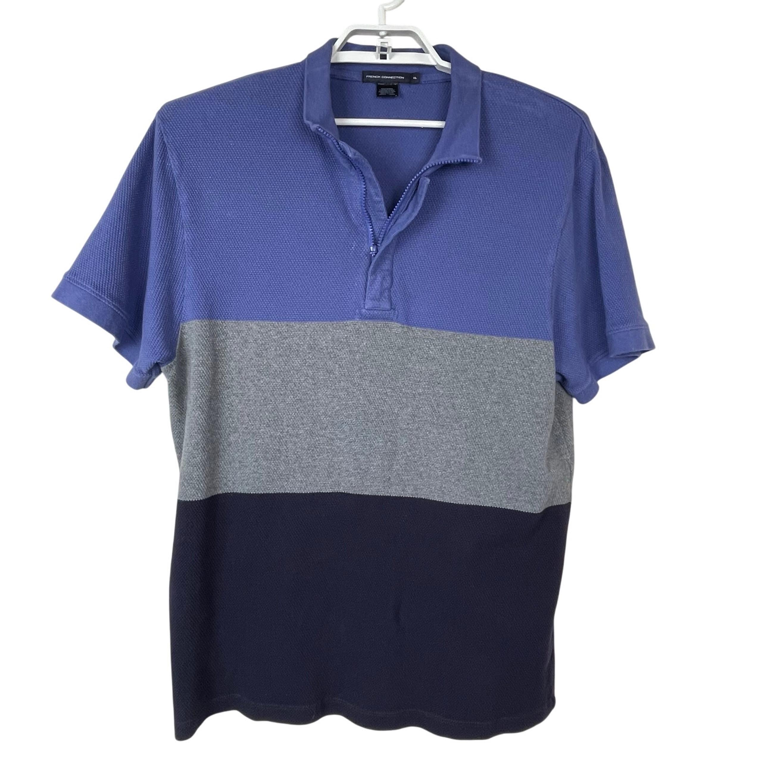 French Connection Waffle Knit Polo Shirt Blue Gray Stripe Zip XL Colorblock