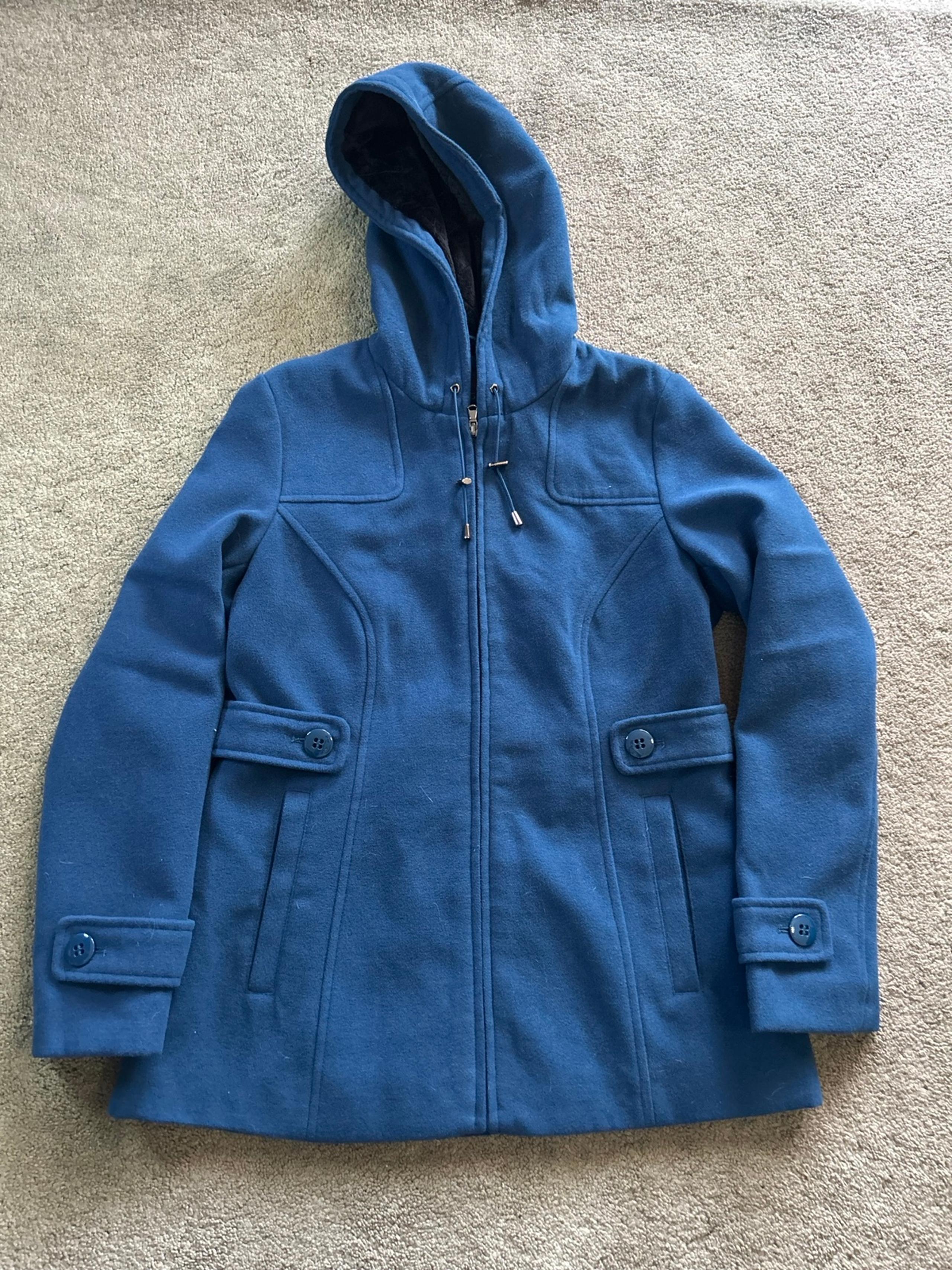 Covington Navy Blue Pea Coat Womens Medium Soft Fleece Lined hoodie Relaxed Fit