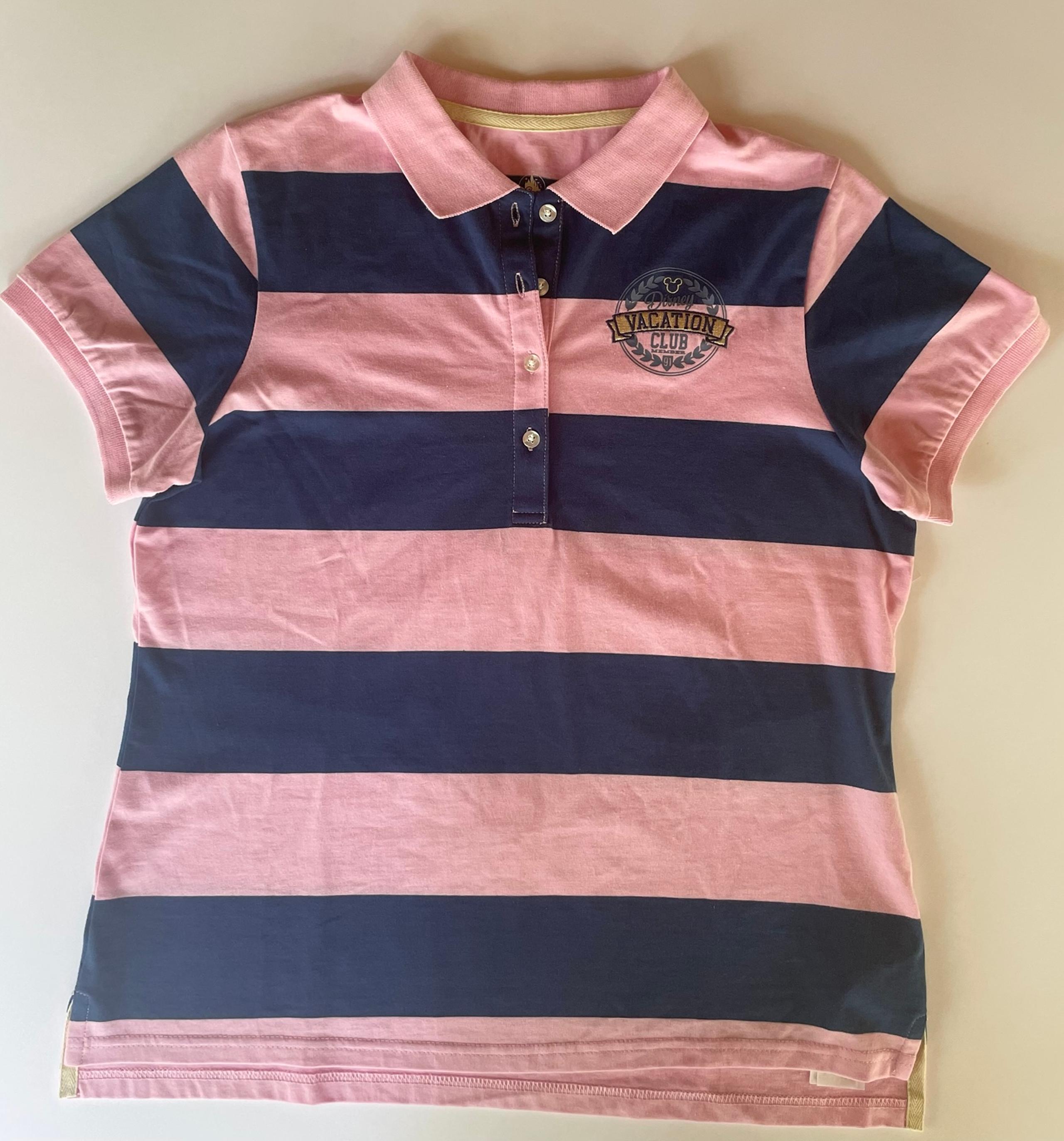 DISNEY Women’s Vacation Club Short Sleeve Polo Shirt Pink Navy Rugby Stripe Sz L