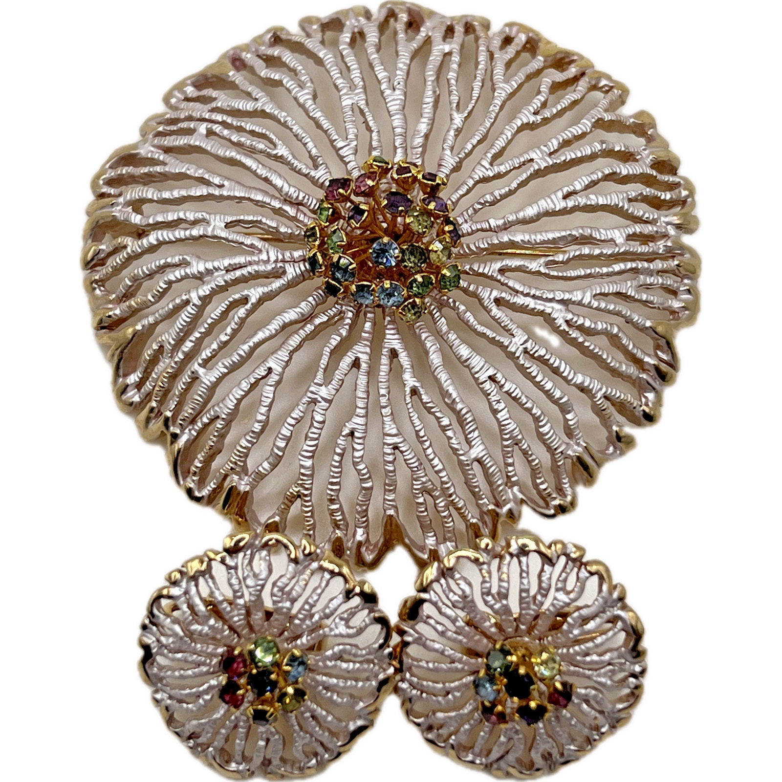 Large 1960s Sea Urchin Coral Brooch Earring Set Rhinestone Pink Enamel Jewelry