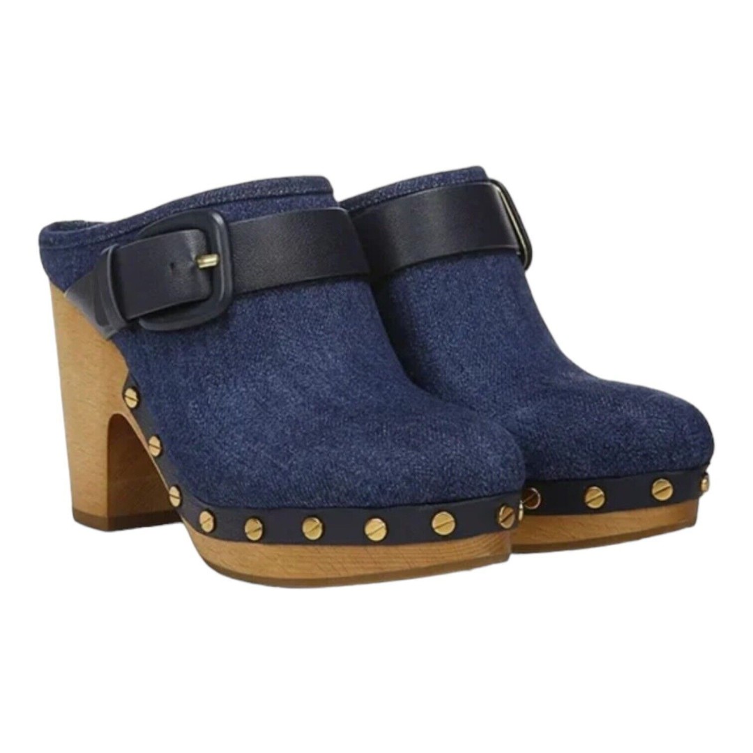 Veronica Beard Dacey Buckle Platform Clogs Eclipse Blue Denim Mules Slip On 6