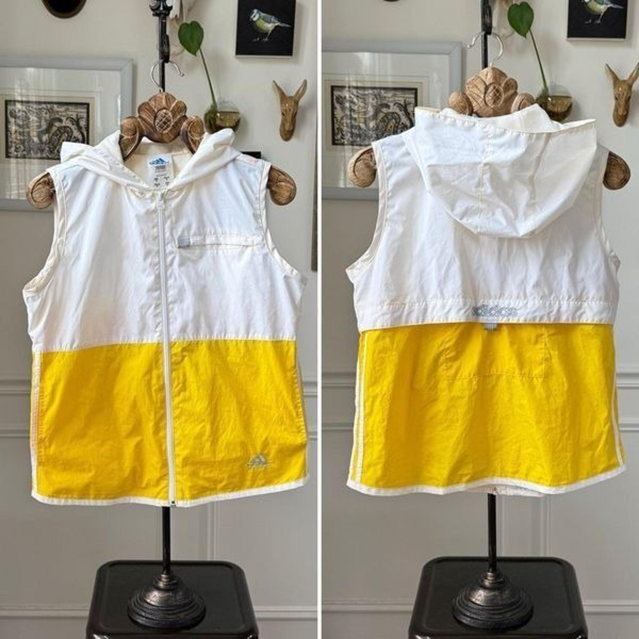 Vintage Adidas 90s Sleeveless Windbreaker Hooded Vest Yellow White M