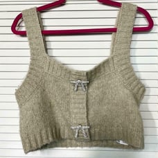 Zara Sage Light Green Knit Top With Rhinestone Buttons 9598/123 L - Gently Used