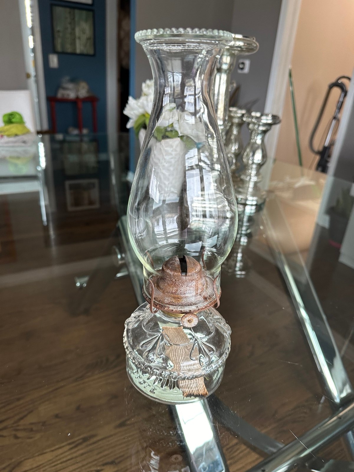 Vintage Eagle Clear Glass Oil Burning Wick Lamp with Floral detail- 12.5”