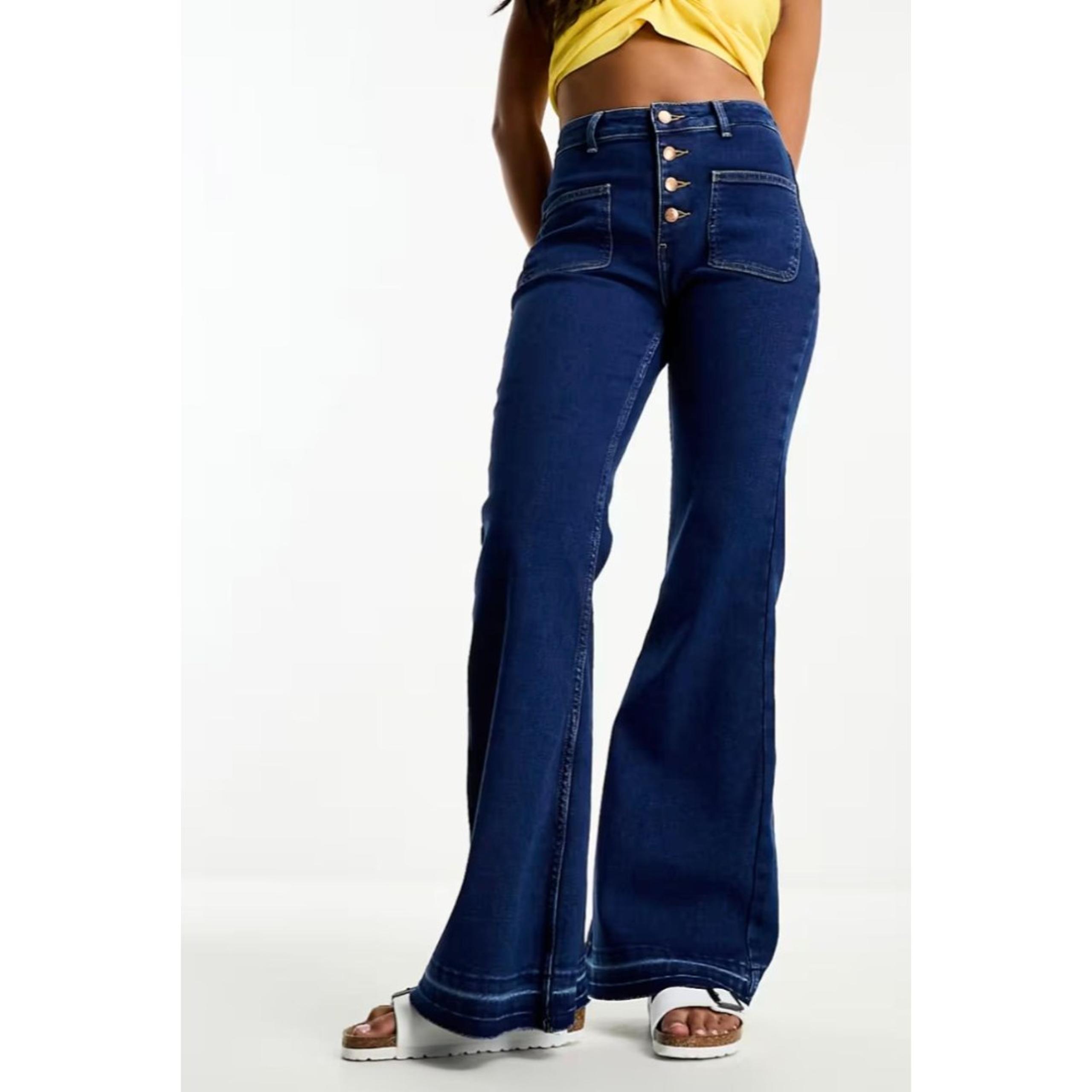 Wrangler Womens High Rise Fierce Flare Denim Jeans 32 Button Front Wide Leg Blue