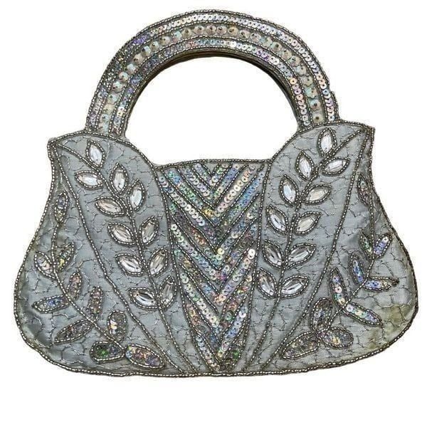 Unique and Rare Silver Bead and Sequin Top Handle Formal Bag