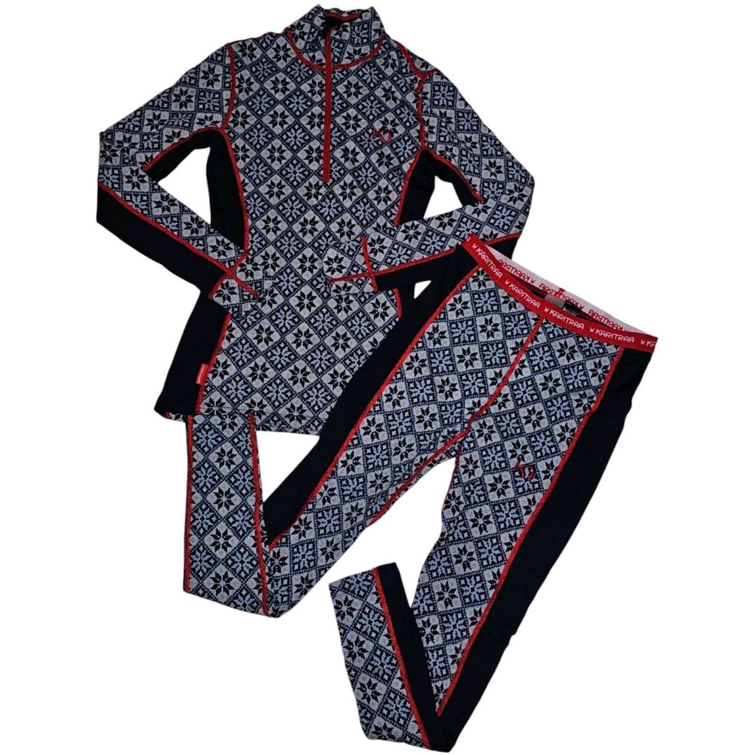 KARI TRAA Size Small Base Layer Half Zip Wool Pullover Pant Set Fair Isle Nordic