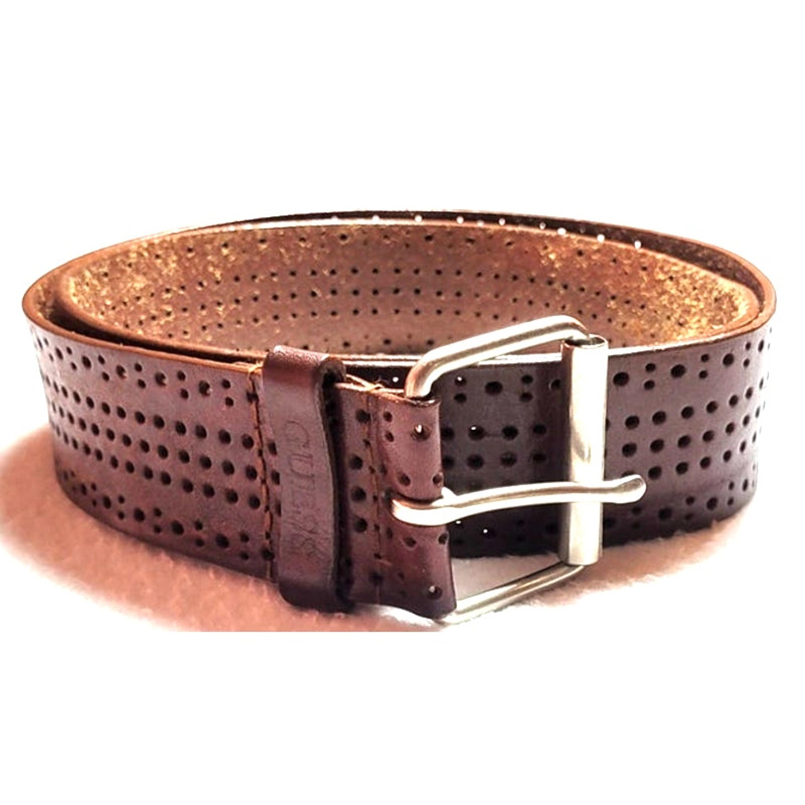 Guess Mens Brown Punched Wide Leather Belt Sz 40 Western Silvertone Buckle