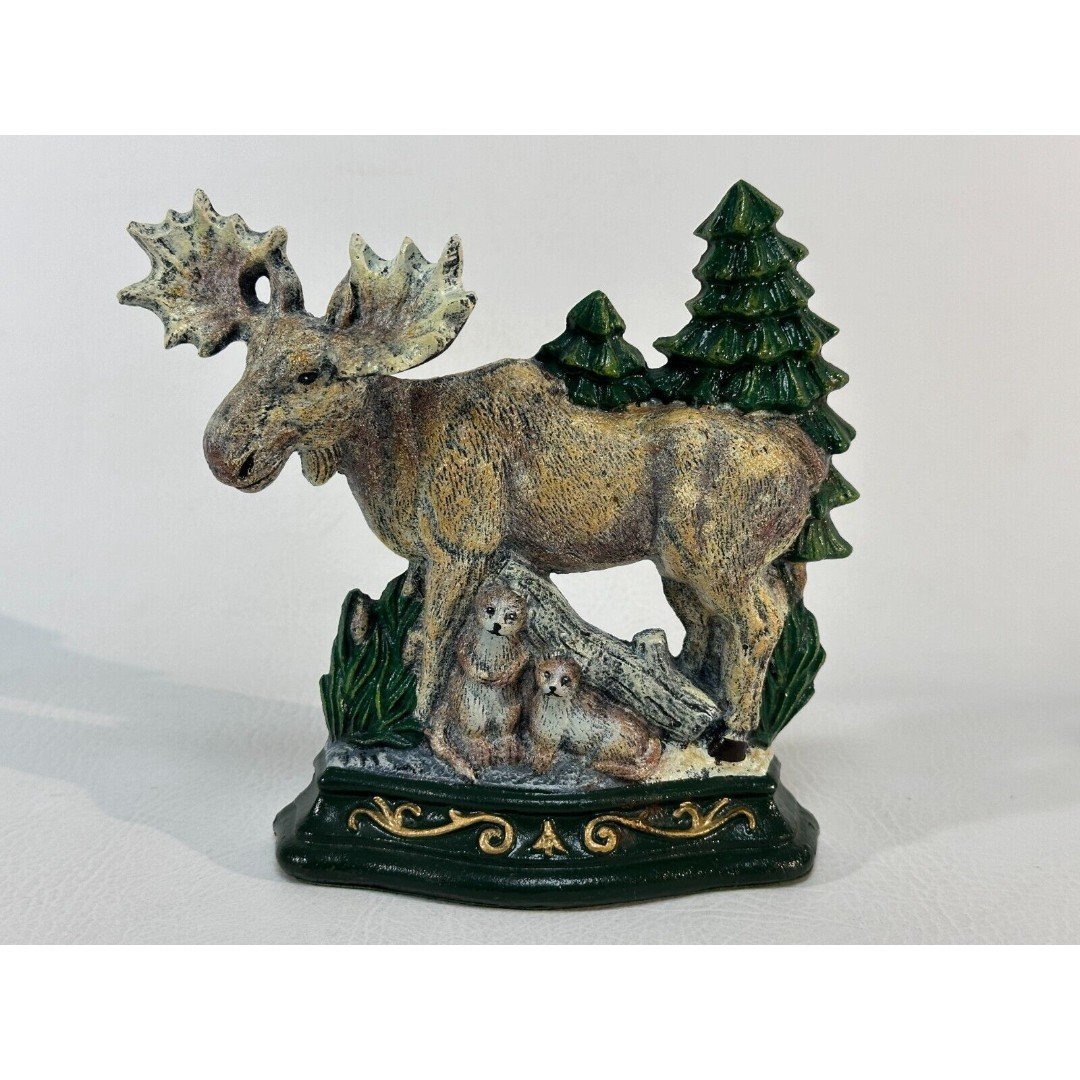 Rustic Cast Iron Doorstop MOOSE with OTTERS Pine Trees North Woods Adirondack