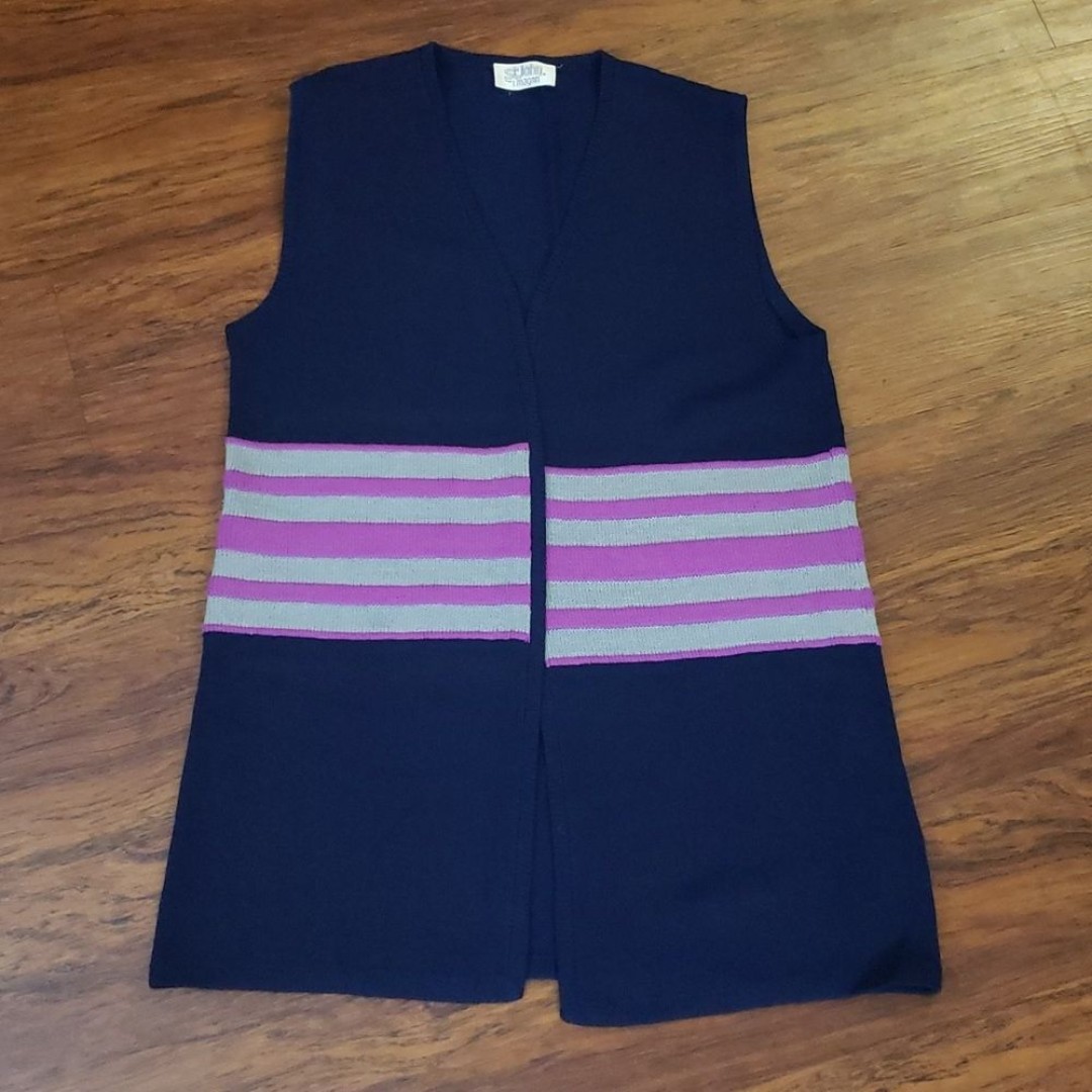 St John's Navy Pink Stripe Vest Knit Cardigan Size Medium
