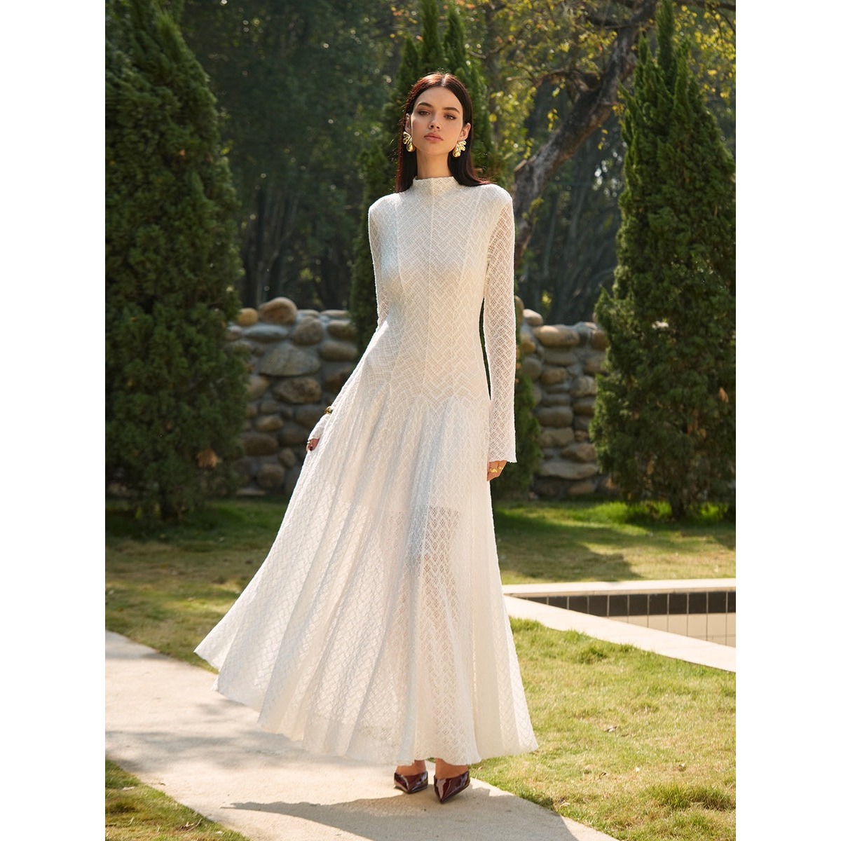 Commense Long Sleeve Maxi Dress Mock Neck Elegant Party Cocktail White size M