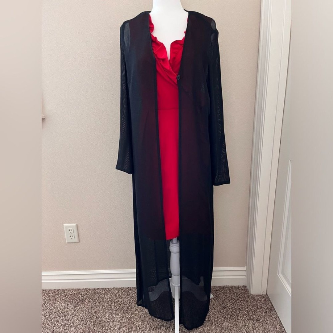 Akris Black Cardigan Long Semi Sheer One Button Silk Viscose Net size 12