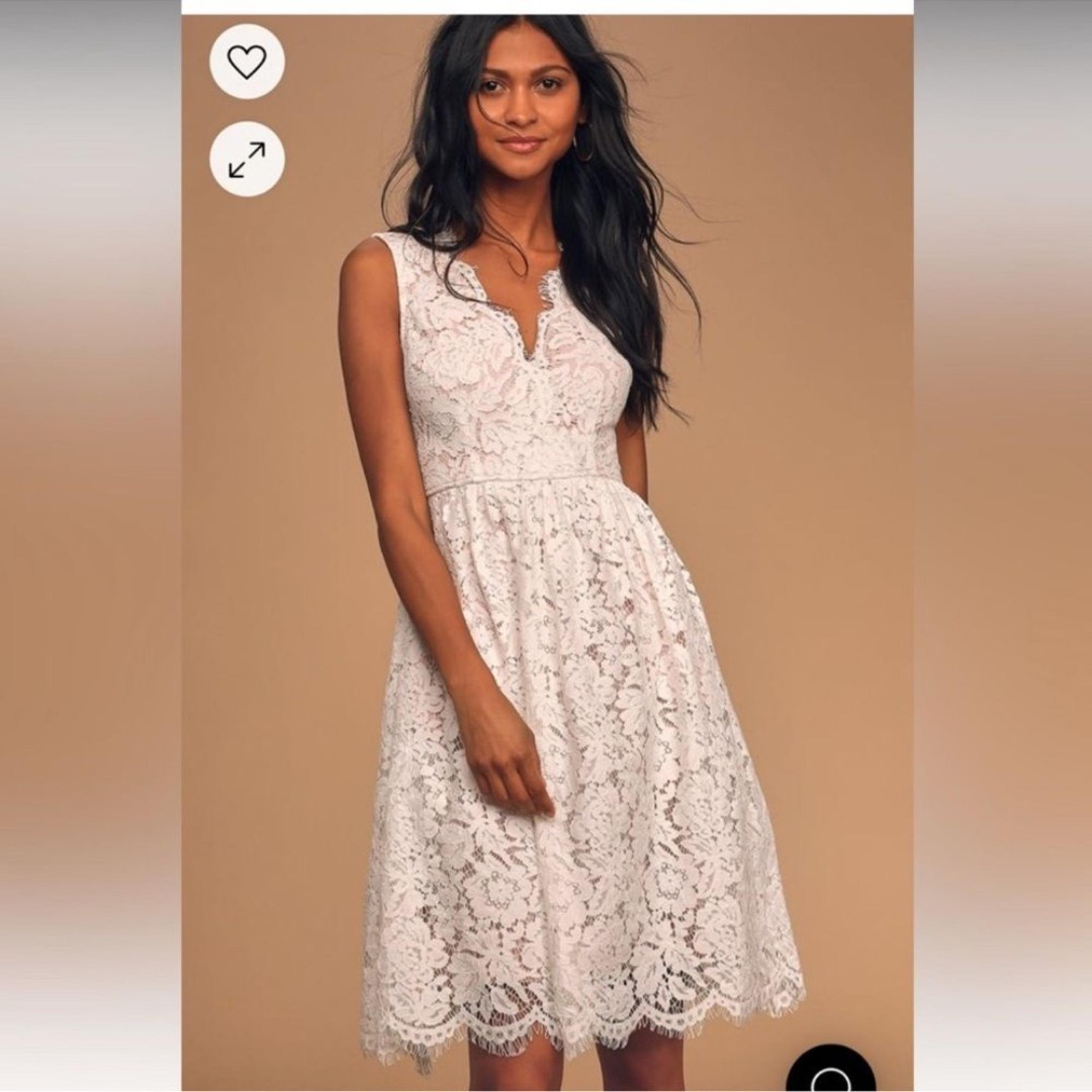 Lulus Love Swept Lace Midi Skater Dress Pockets in White Lace & Nude Size XL