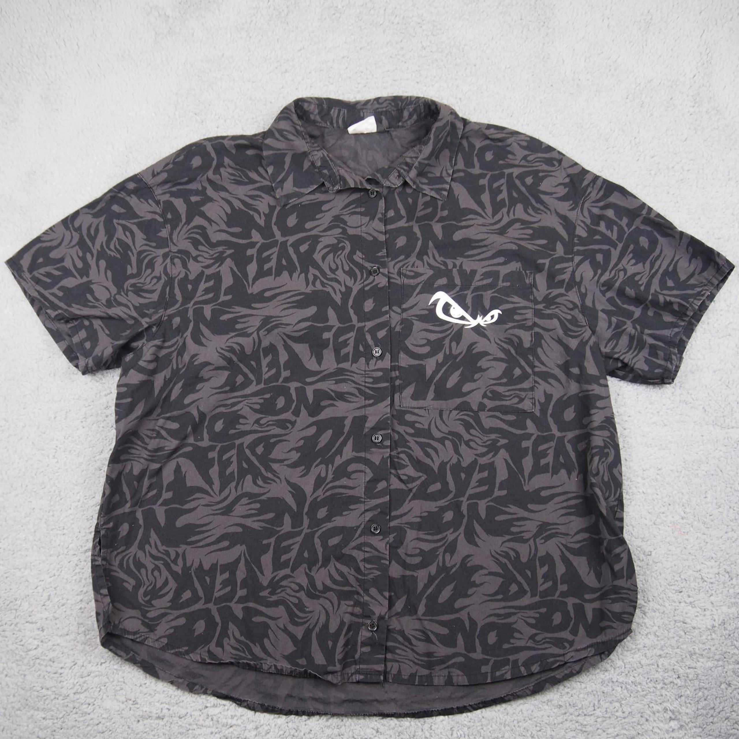 No Fear x H&M Collab Shirt Men's Medium Button Up Short Sleeve Gray Black EUC!