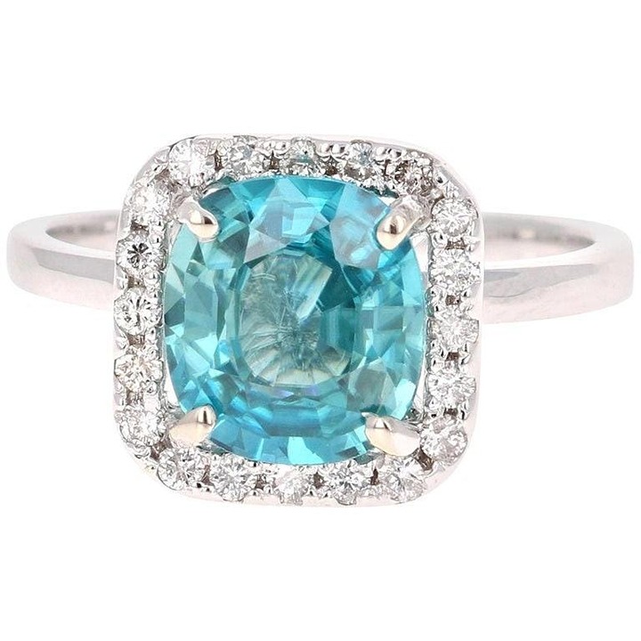 4.20Ct Fine Cushion Cut Blue Zircon & Diamond Halo Solitaire Ring 14k White Gold
