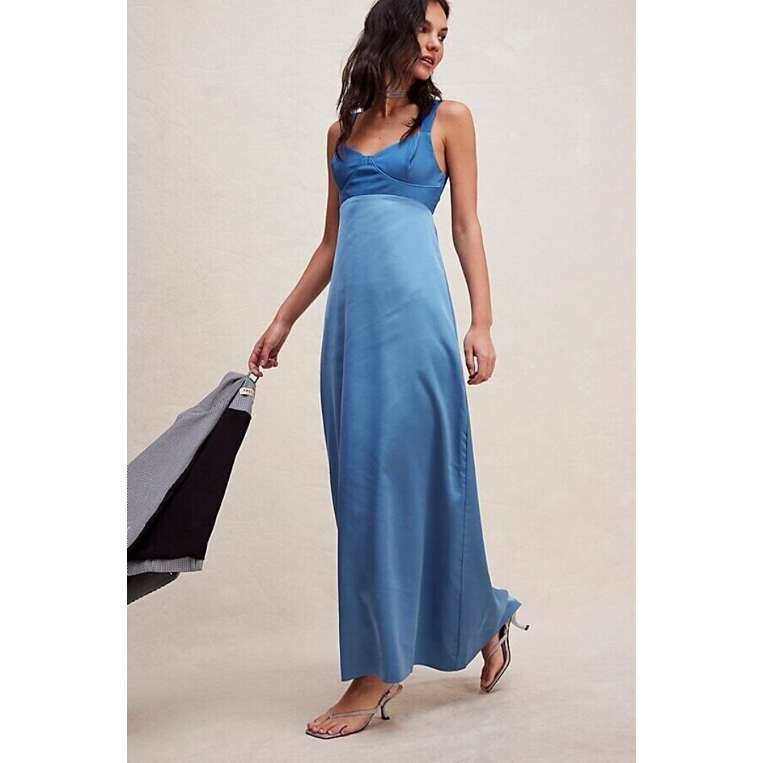 Free People Gia Satin Bustier A-Line Maxi Dress Blue Size 6