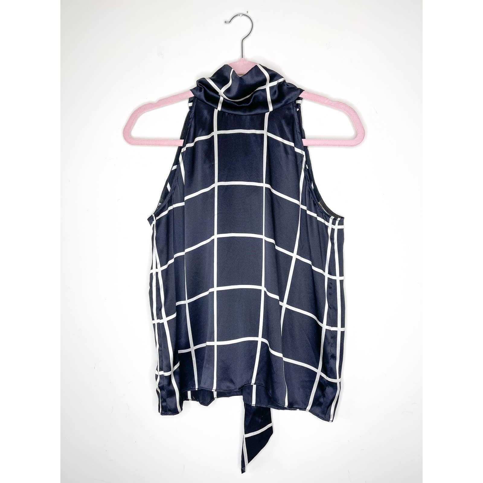 Generation Love Silk High Neck Halter Blouse in Navy Check