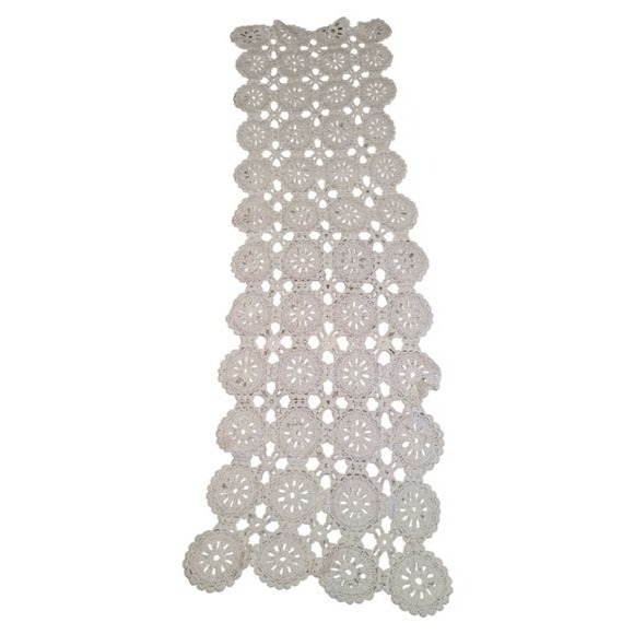 Vintage Hand Crocheted White Table Runner 72 x 22