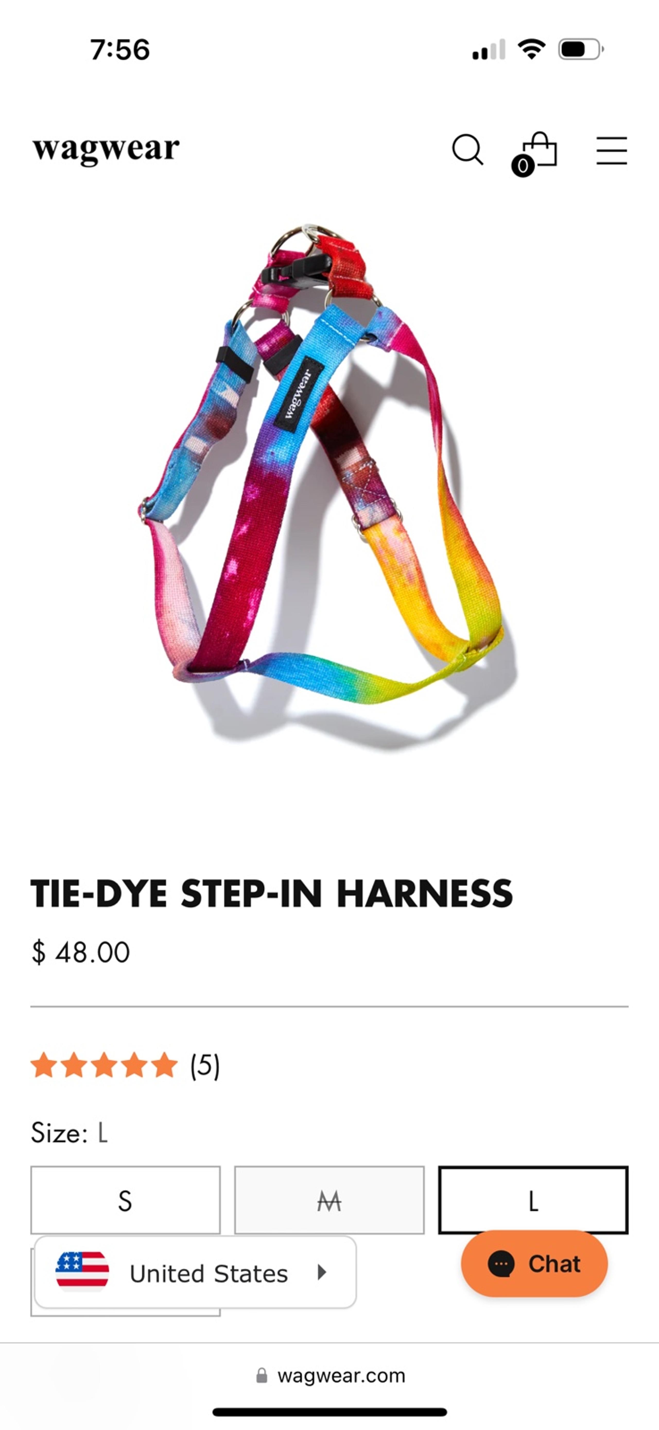 Wagwear tie-dye step in harness sz large (fits 30-60 pound)
