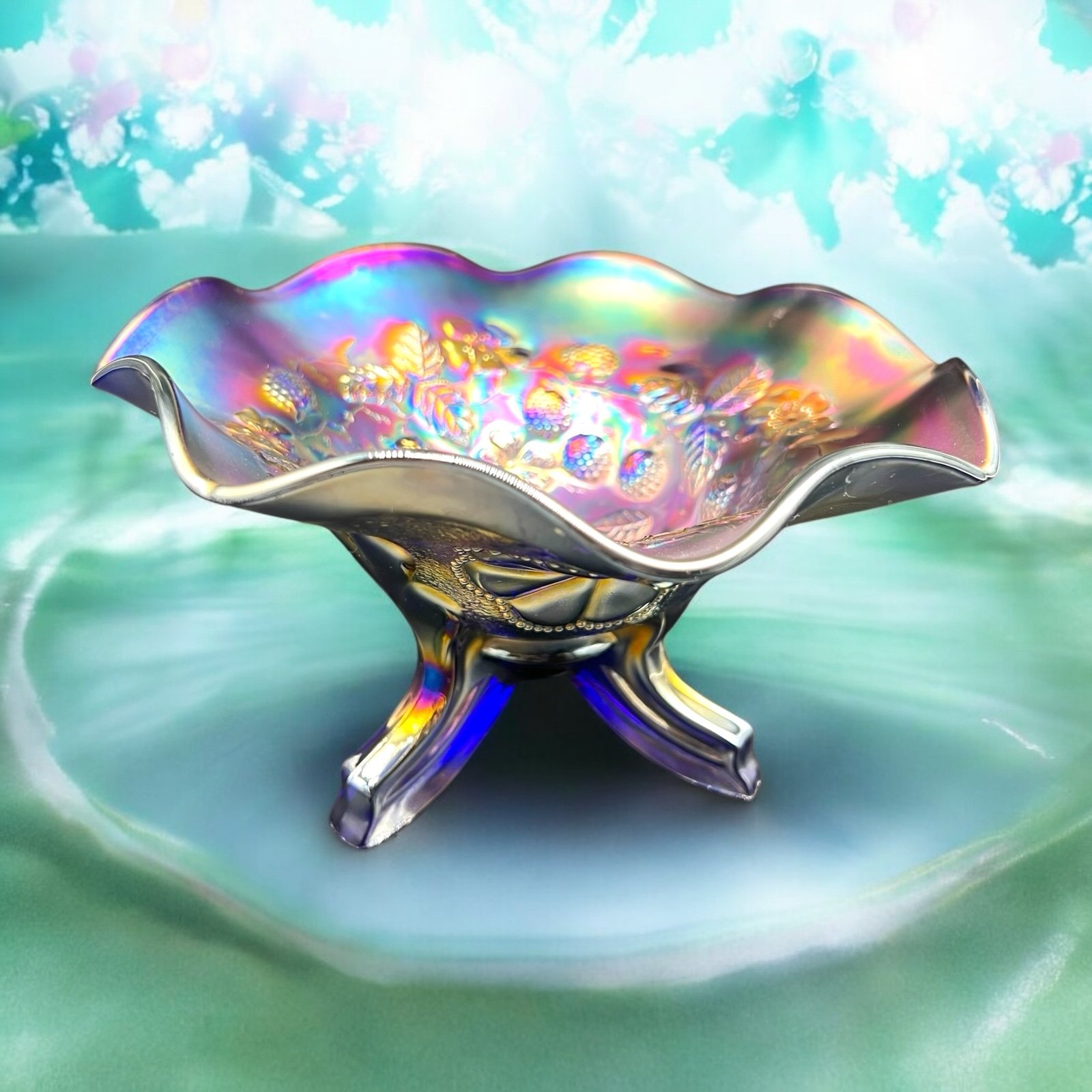 Northwood Daisy & Plume | Blackberry Carnival Glass 3 Foot Candy Dish Bowl Blue