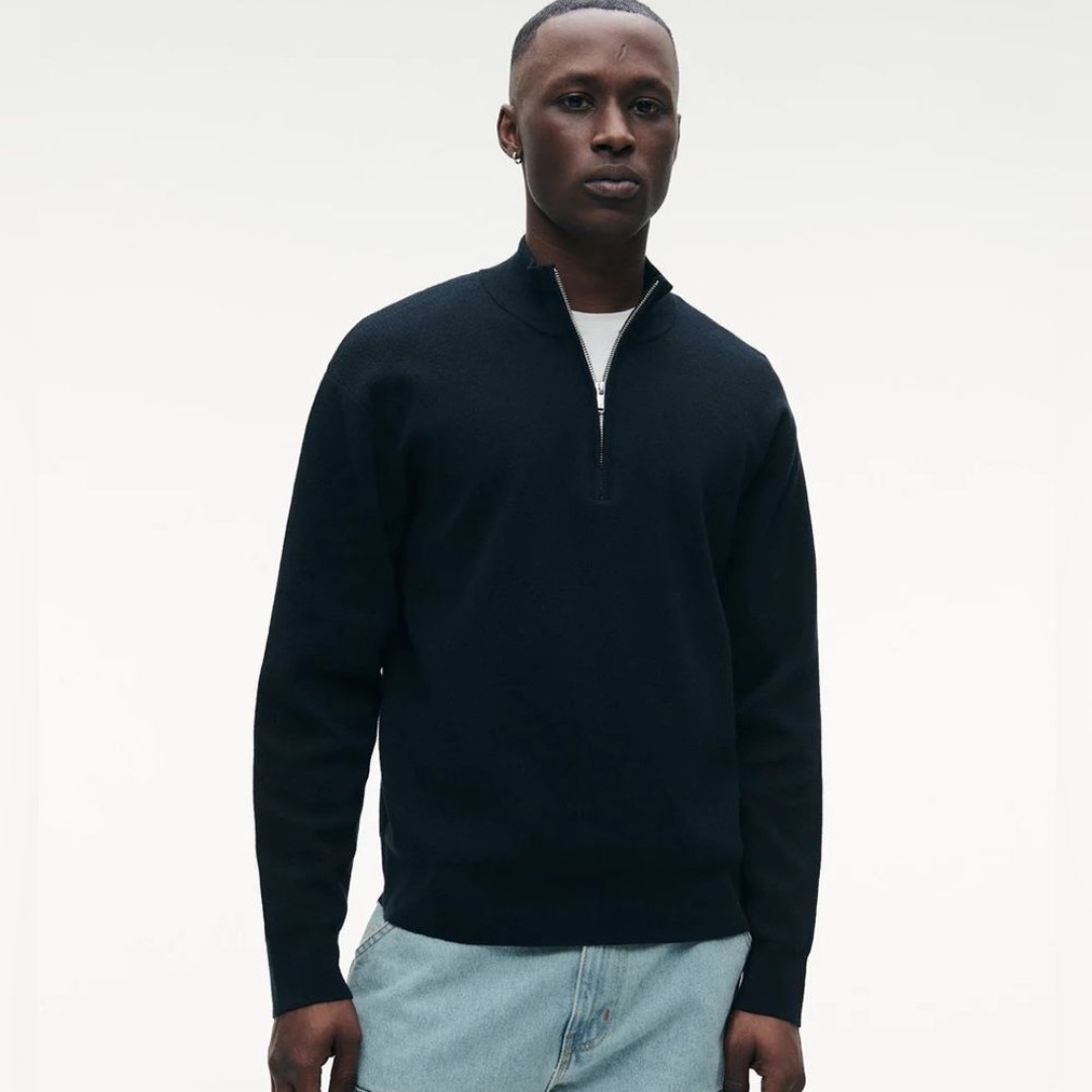 NAADAM Café Cotton Cashmere Quarter Zip Medium Indigo NWT
