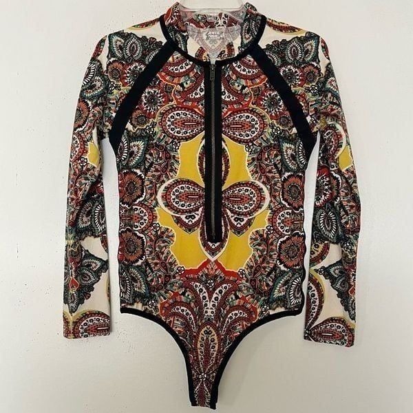 Free People Bodysuit Zipper Front Medium Bohemian Chic Print Long Sleeve Stretch