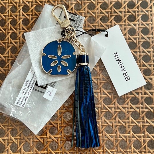 NWT Brahmin Blue Sapphire Leather Tassel Sand Dollar Purse Charm Key Chain Fob