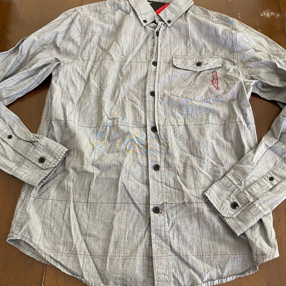 Alpinestars Dress Shirt Men's Medium Gray Plaid 100% Cotton Formal Button-Down