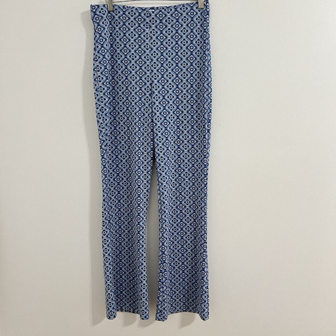 Social Tourist LA Pull On Pants Size L Blue Boho Pattern Flare Stretchy 70s Y2K