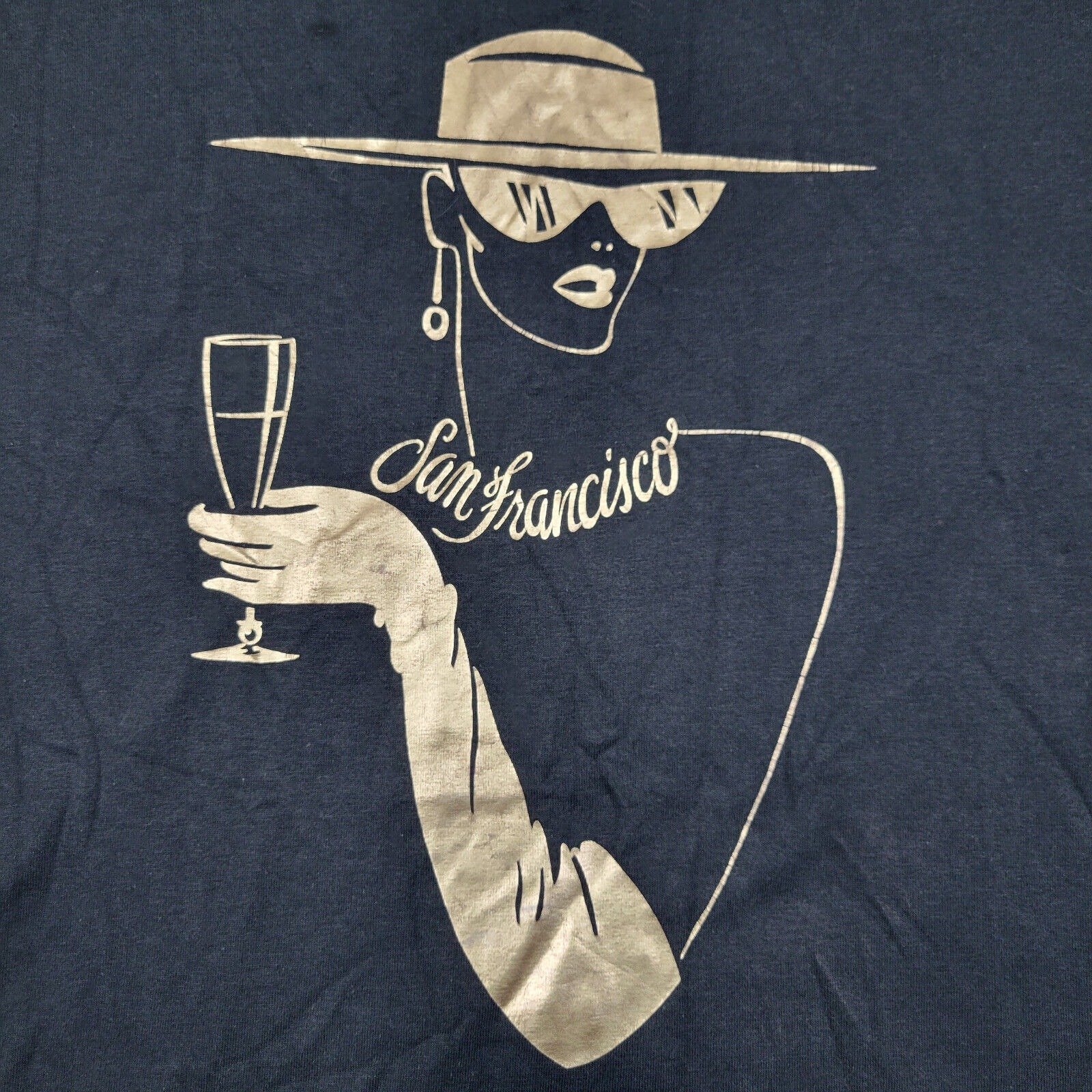 VTG 80s San Francisco Person Trimmed in Gold Hat Champagne Shirt Men Large Black