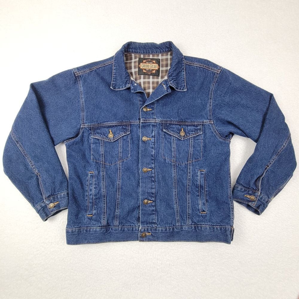 Guide Gear Flannel Lined Denim Jean Trucker Jacket Mens Large L Blue 100% Cotton