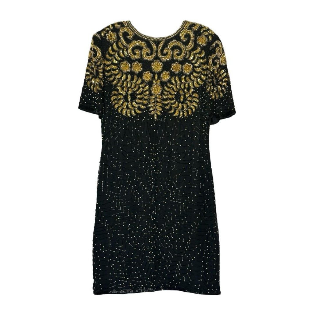 Laurence Kazar Vintage Cocktail Dress L Black & Gold Beaded Silk 80s Glam Rock