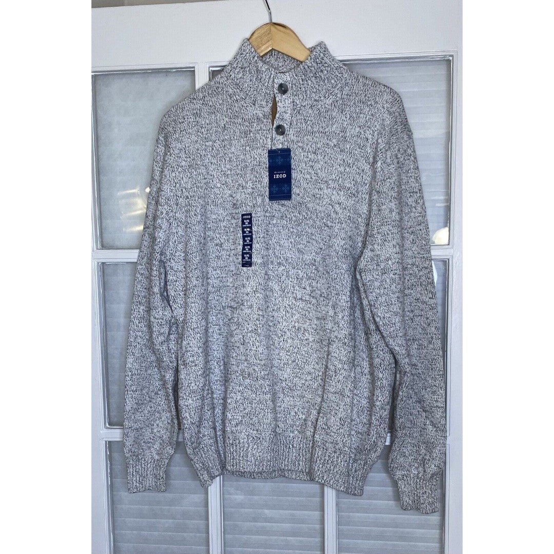 Izod Sweater Mens 1/4 Grey Button Pullover Casual Knit Size XL - NWT