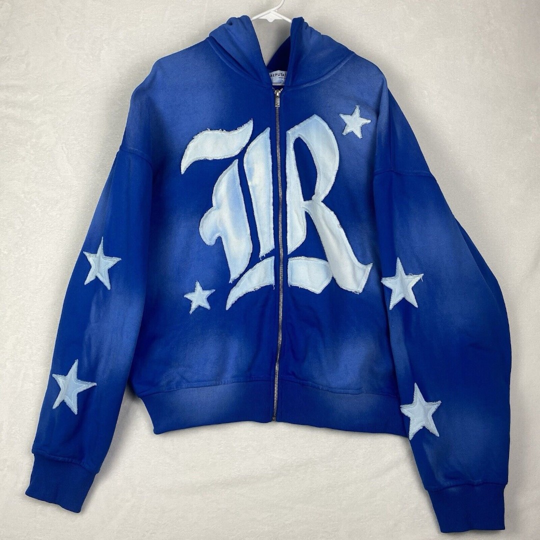 Reputation Studios Sun Fade Zip Up Sweater Mens Extra Large Royal Blue Hooded