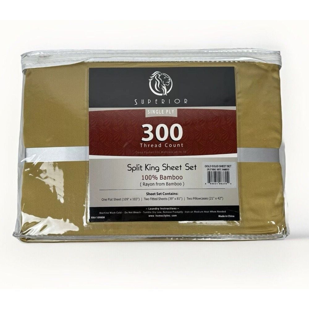 Superior Single Ply 300 Thread Count Split King Sheet Set Bamboo Solid Gold New