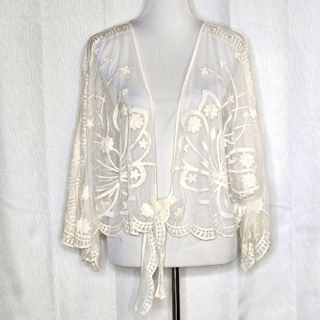 Rebellion Again Creamy Ivory Cotton Blend Sheer Intricate Lace Tie Front Wrap