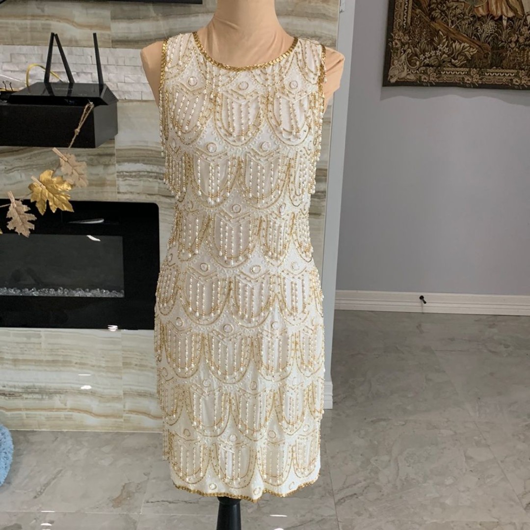 Daval Designs by Samir Suri Inc Gold Beaded Tassel White Midi Dress. Size S