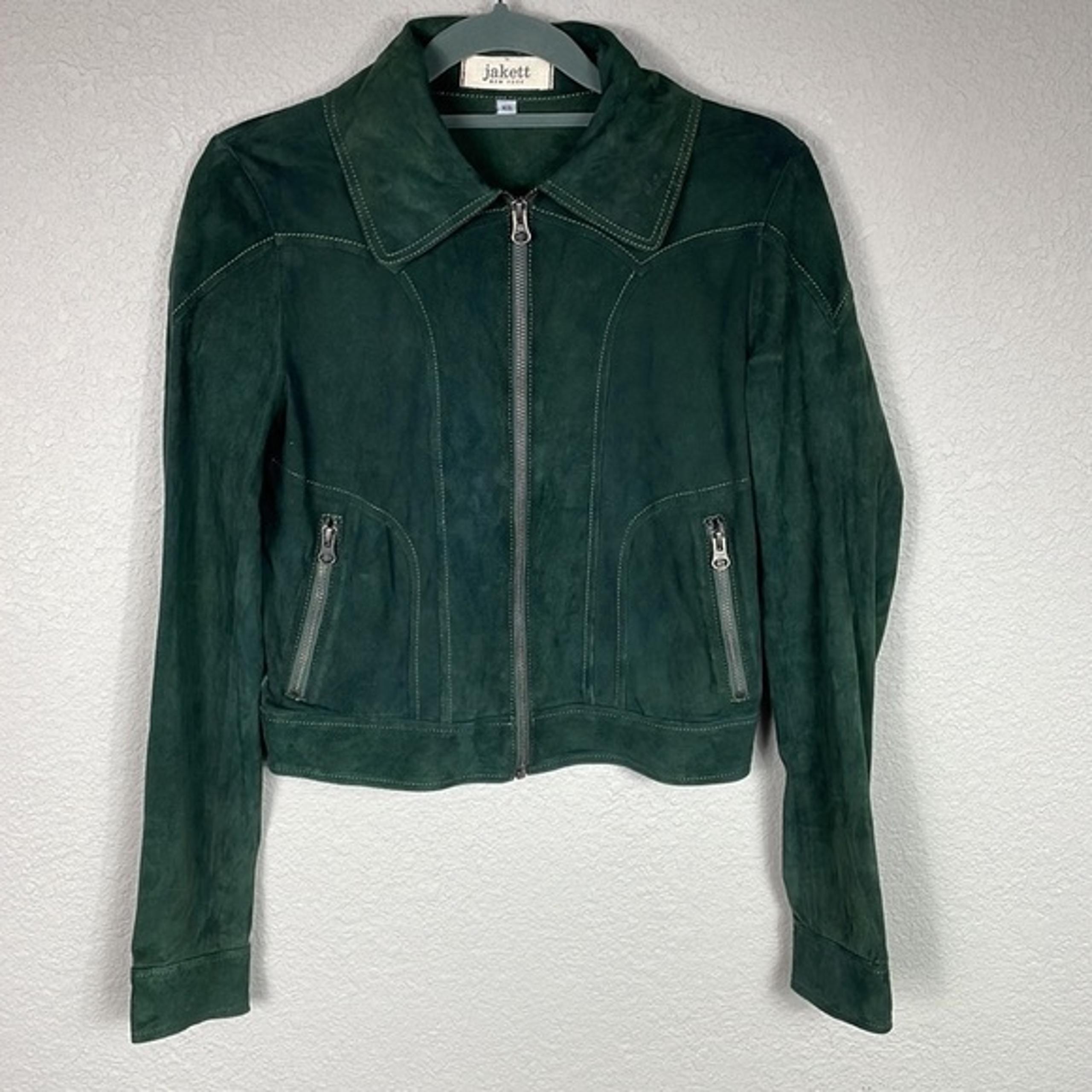 Jakett New York Green Suede Full Zip Jacket Western Style Collared Sz XS