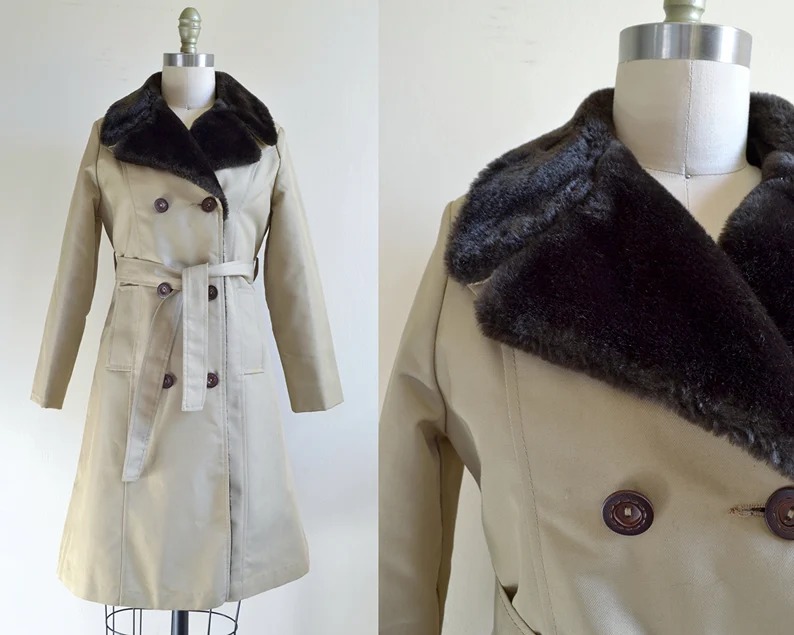 Stormy Weather' || Double-Breasted Light Beige Overcoat with Faux-Fur-Lined Lape