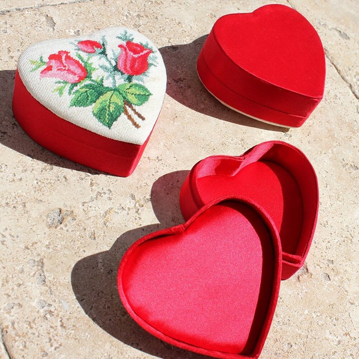 Needlepoint Mini Petite Stitch Roses Floral Red Heart Containers Set of 3