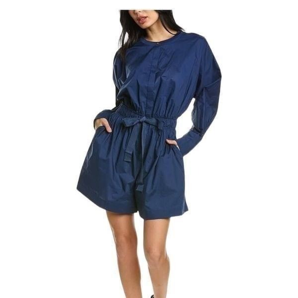Nili Lotan Navy Blue 100% Silk Long Sleeves Knee Length Romper Medium