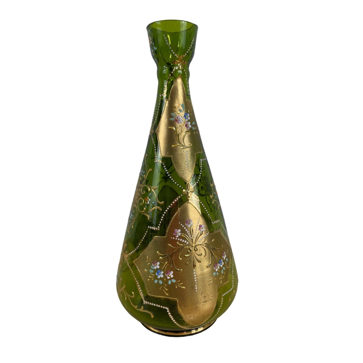 Vintage Signed Moser Art Glass Long Neck Vase Green Gold Gilt Good Condition
