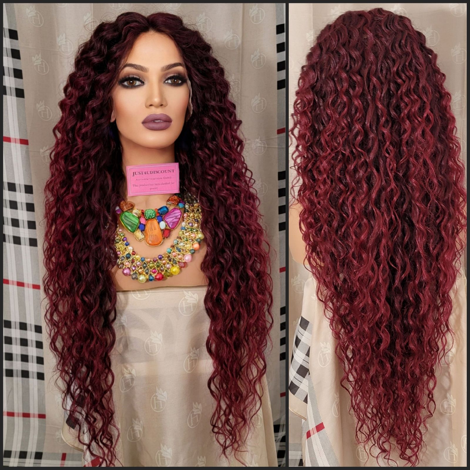 Big bad divaqueen burgundy wine red with black highlights curly h.d lace wig