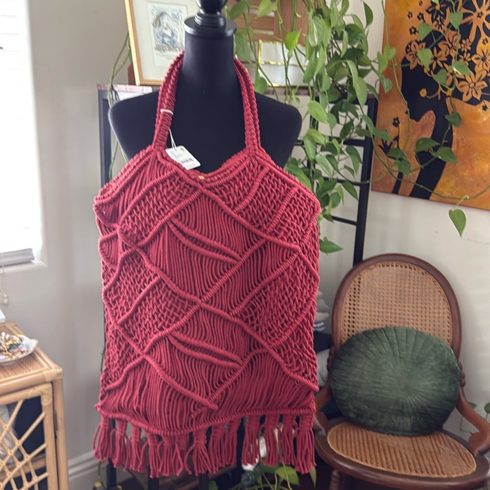 NWT Free People Anju Terra Cotta Rust Crochet Fringe Shoulder Tote Bag