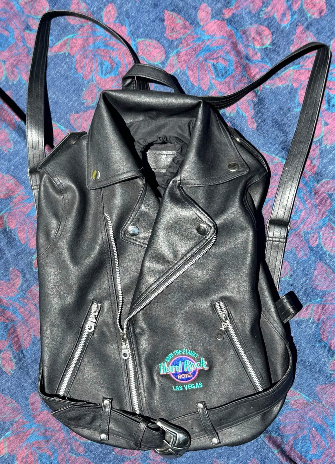 Vintage Hard Rock Hotel Las Vegas Leather Backpack Moto Jacket Rare Upcycled