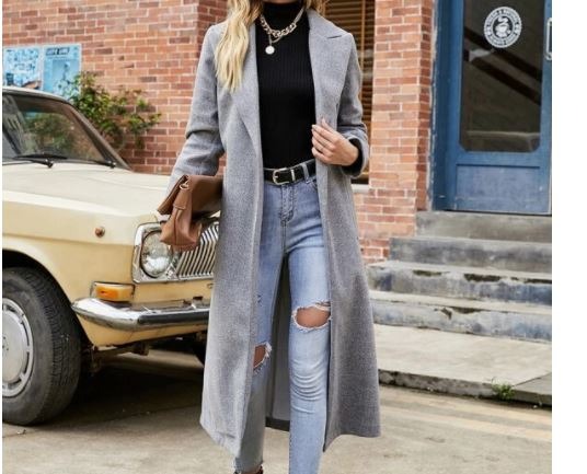 Winter Dual Pocket Self Wrap Belted Long Sleeve Lapel Overcoat L5